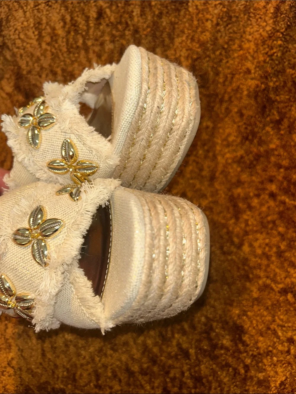 JustFab Cream Frayed Platform Slide Sandals with Gold Floral Accents